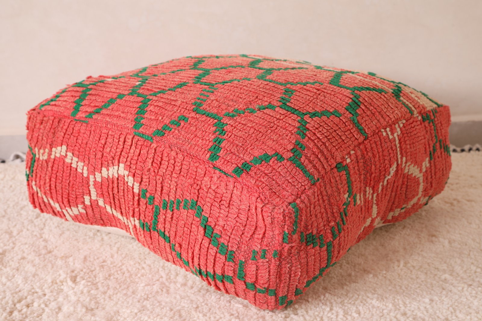 Moroccan Floor Pouf | Handwoven Coral and Emerald Tribal Seat