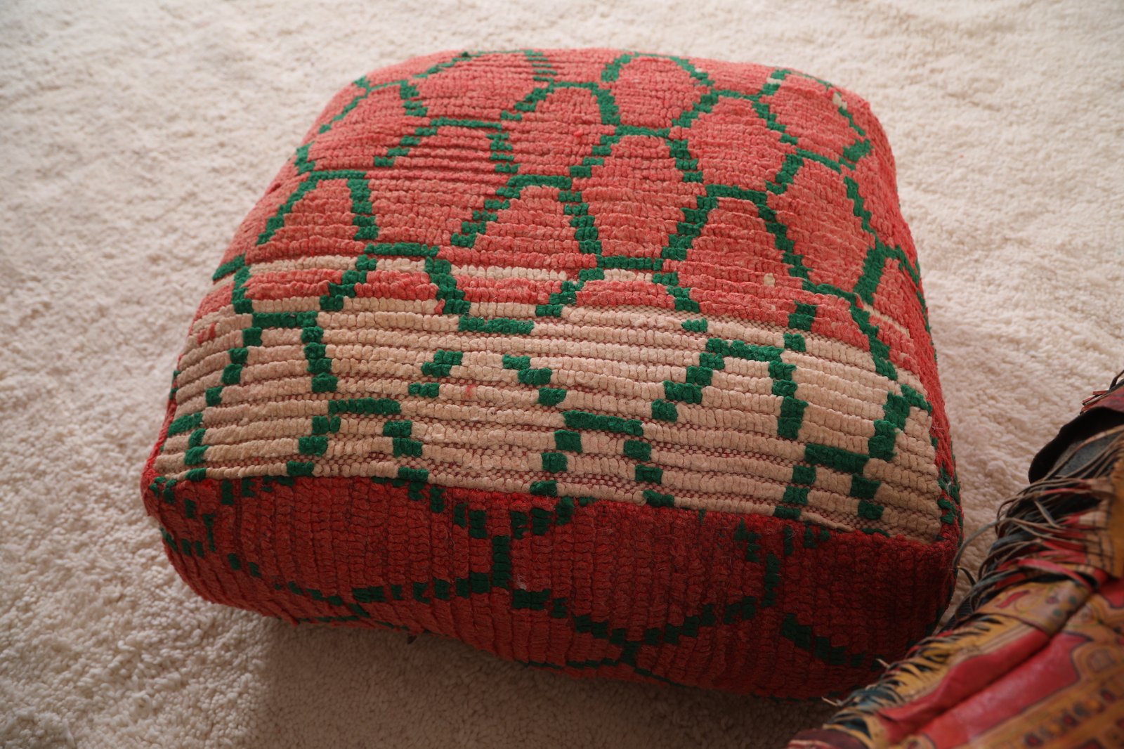 Moroccan Floor Pouf | Handwoven Coral and Emerald Tribal Seat - Image 6