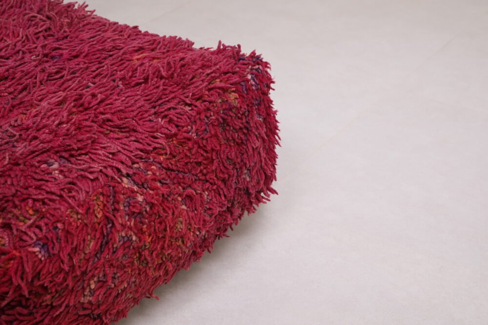 Shaggy Moroccan Pouf | Deep Red Wool Floor Cushion - Image 3