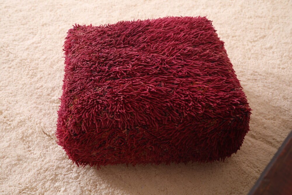 Shaggy Moroccan Pouf | Deep Red Wool Floor Cushion - Image 7