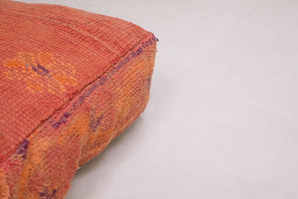 Burnt Orange Moroccan Pouf | Wool Floor Cushion with Faded Tribal Motifs - Image 2