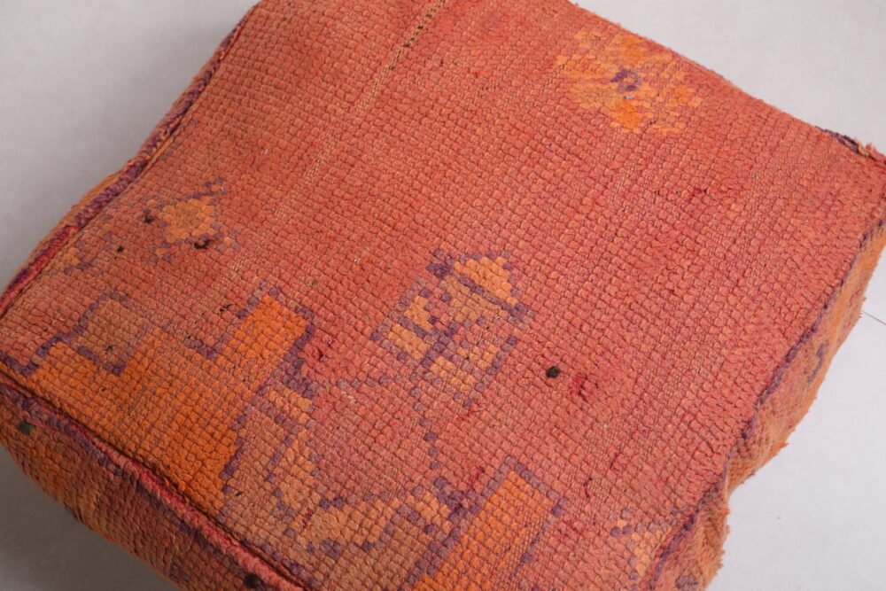 Burnt Orange Moroccan Pouf | Wool Floor Cushion with Faded Tribal Motifs - Image 3