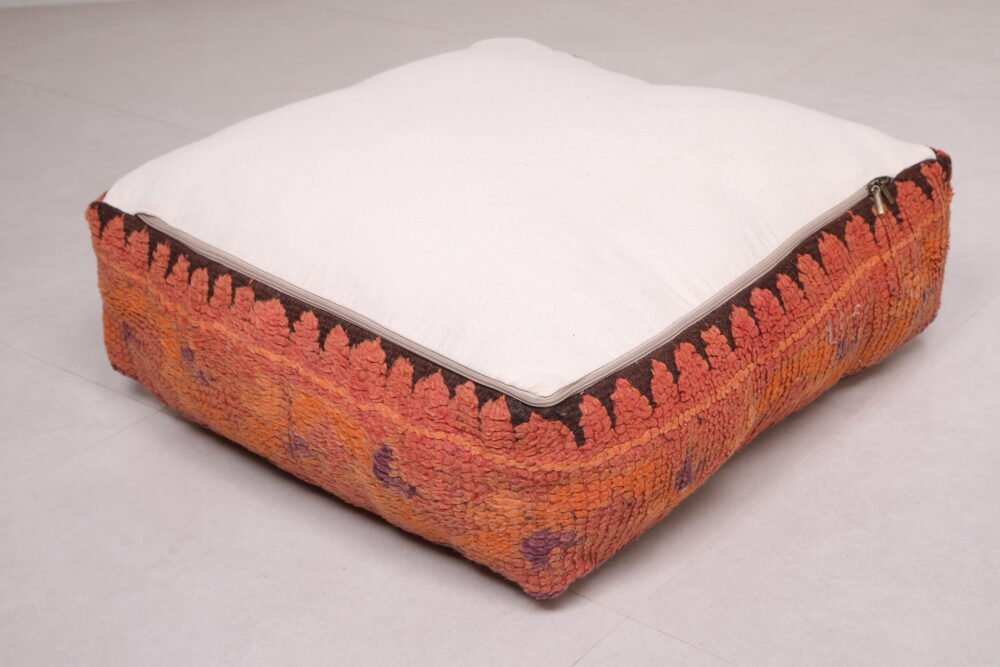 Burnt Orange Moroccan Pouf | Wool Floor Cushion with Faded Tribal Motifs - Image 4
