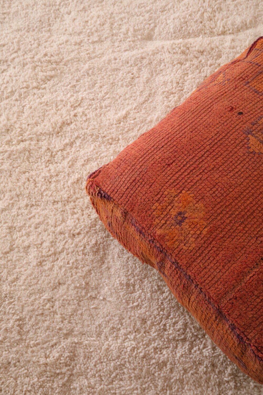 Burnt Orange Moroccan Pouf | Wool Floor Cushion with Faded Tribal Motifs - Image 5