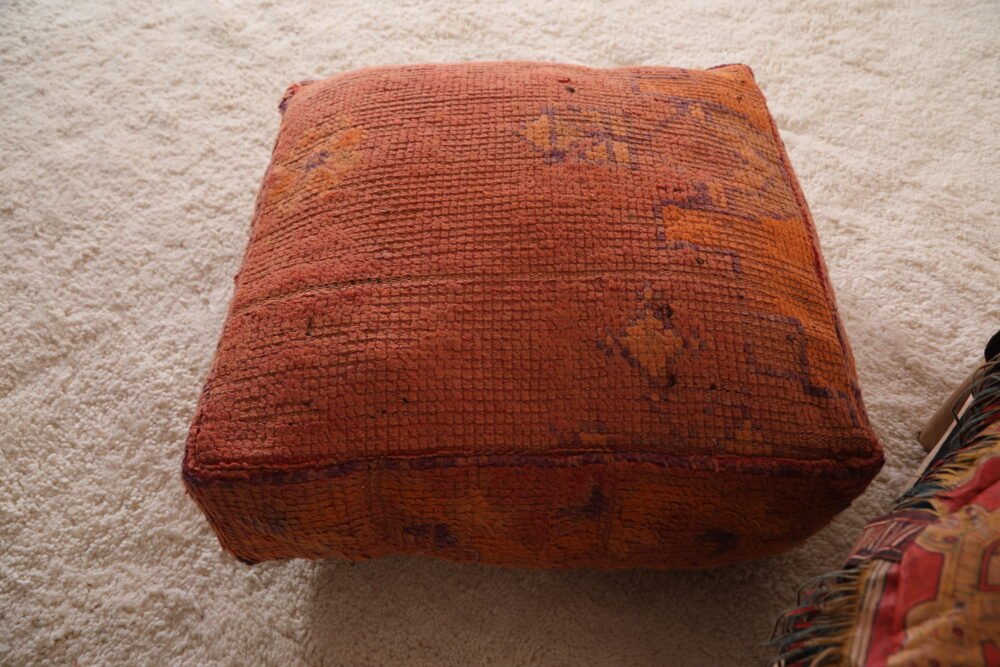 Burnt Orange Moroccan Pouf | Wool Floor Cushion with Faded Tribal Motifs - Image 6