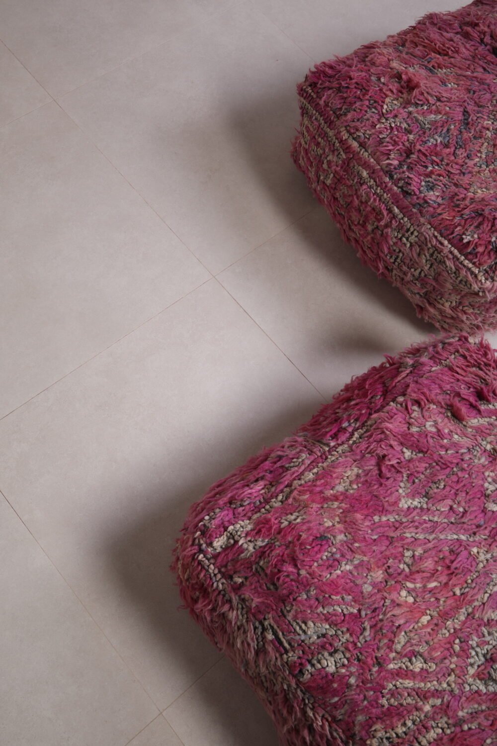 Vintage Pink Moroccan Poufs | Shaggy Berber Floor Cushions - Image 7
