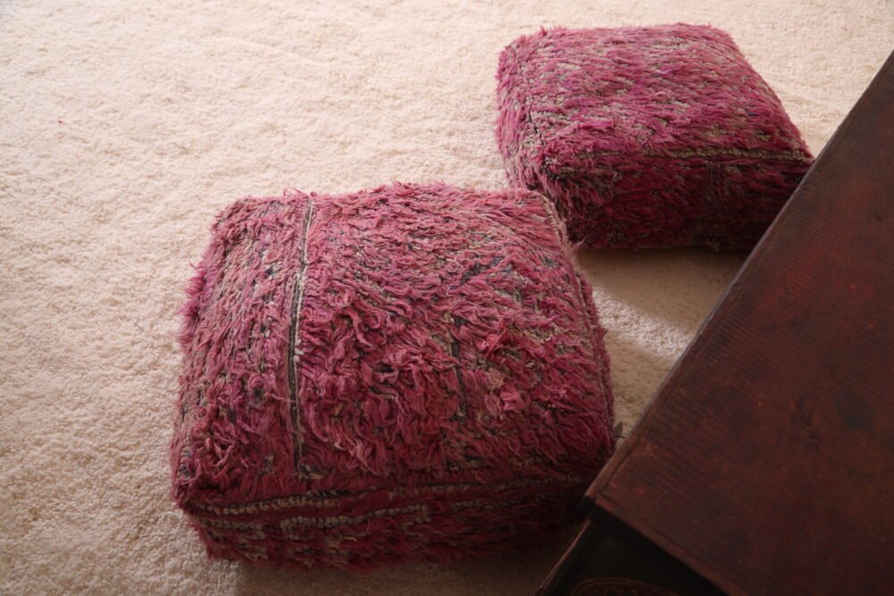 Vintage Pink Moroccan Poufs | Shaggy Berber Floor Cushions - Image 8