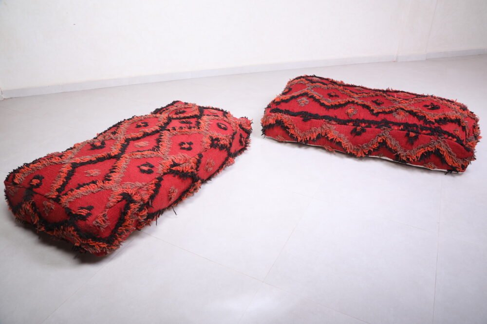 Rectangular Moroccan Pouf | Red Shag Wool Floor Cushion - Image 10