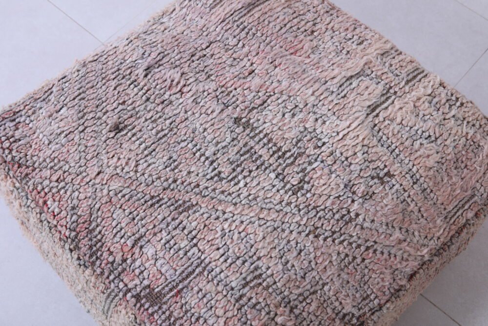 Faded Pink Moroccan Pouf | Neutral Shaggy Tribal Floor Cushion - Image 3