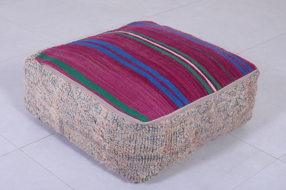 Faded Pink Moroccan Pouf | Neutral Shaggy Tribal Floor Cushion - Image 5