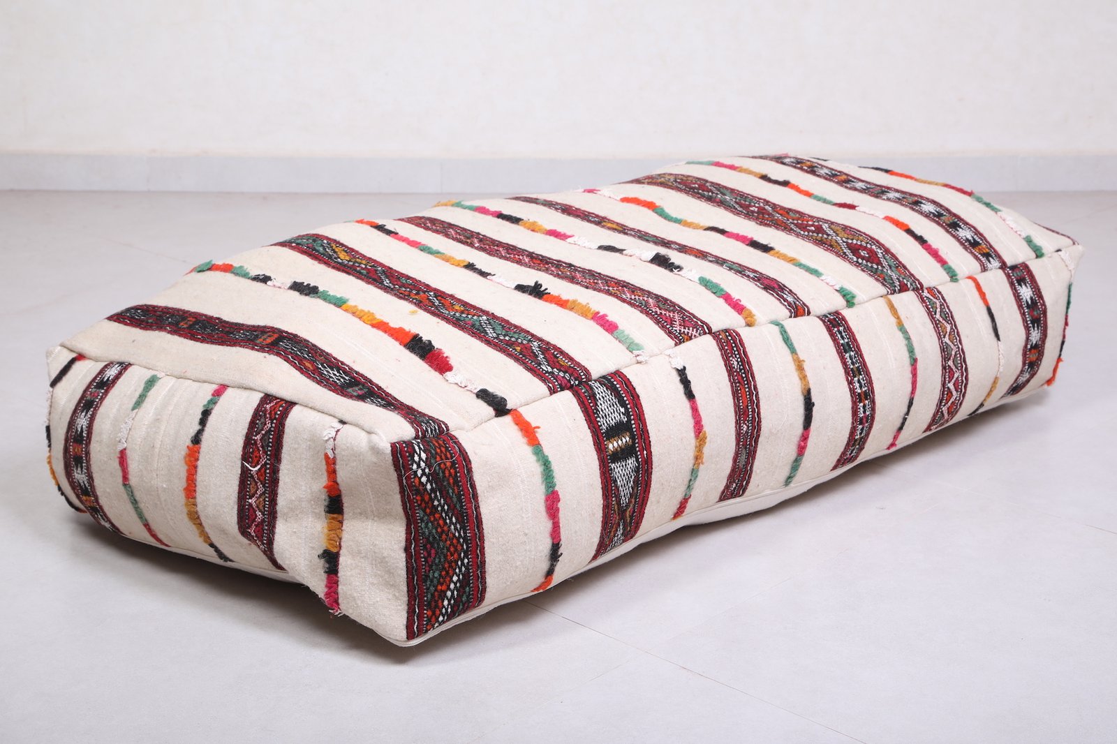 White Moroccan Bench Pouf with Stripes | Long Floor Seat - Image 3