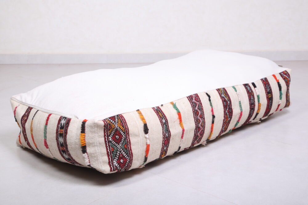 White Moroccan Bench Pouf with Stripes | Long Floor Seat - Image 6