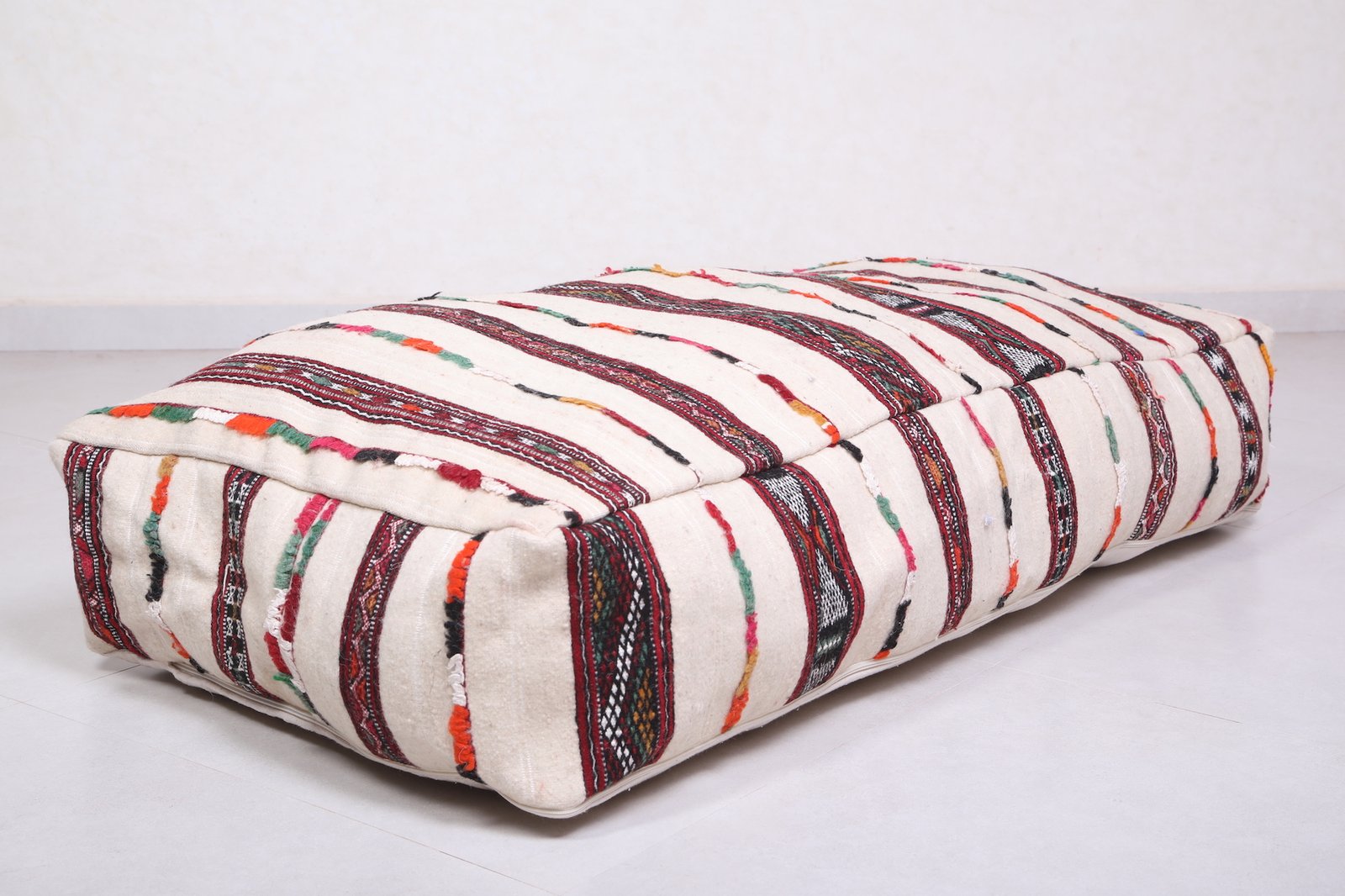 White Moroccan Bench Pouf with Stripes | Long Floor Seat - Image 7