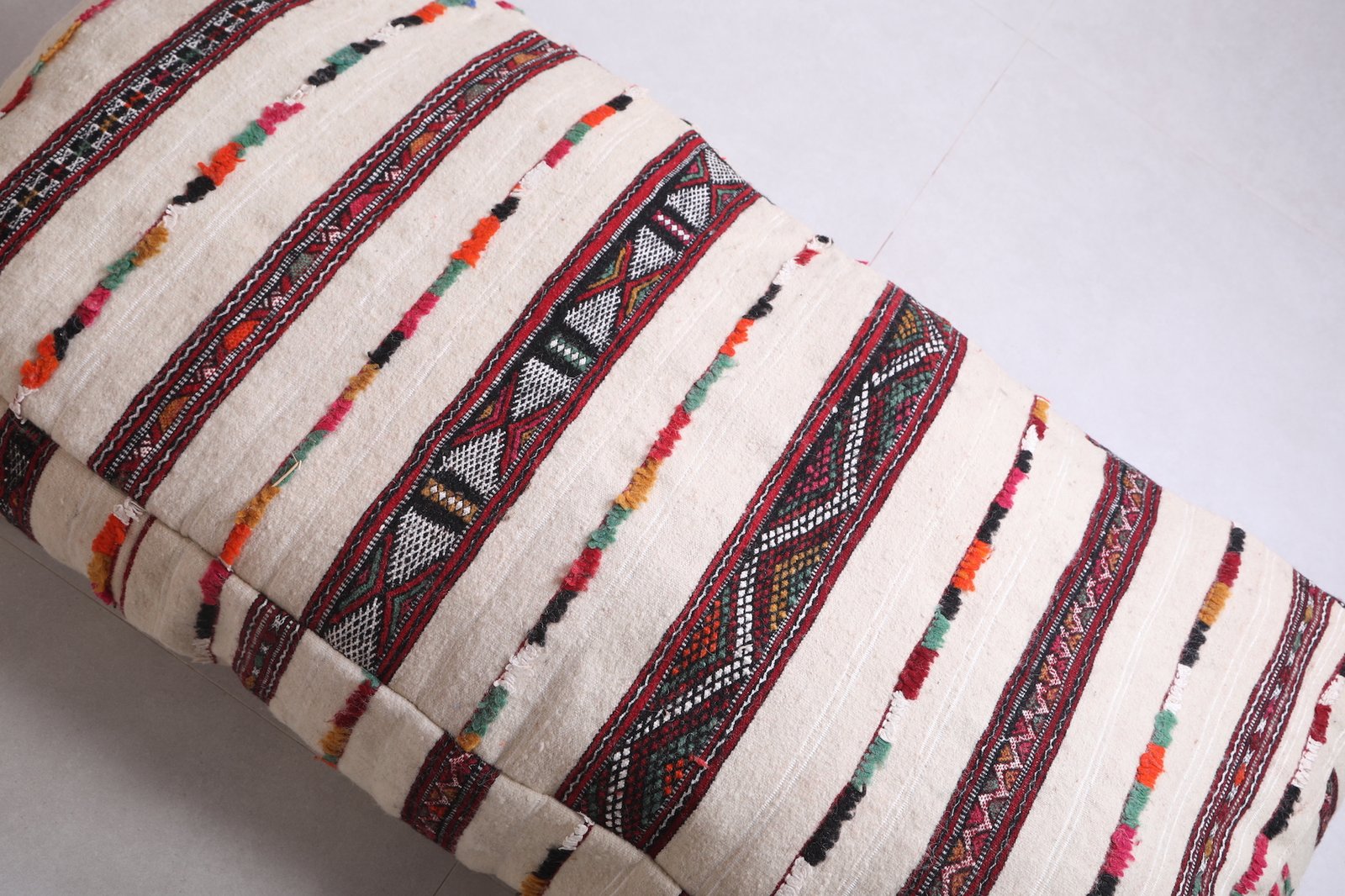 White Moroccan Bench Pouf with Stripes | Long Floor Seat - Image 8