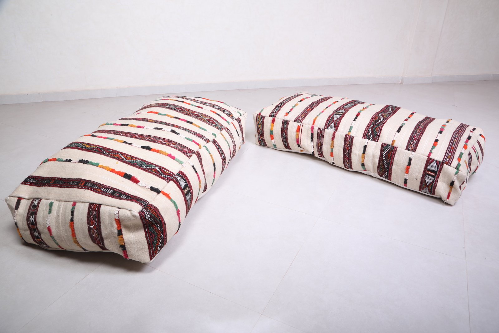 White Moroccan Bench Pouf with Stripes | Long Floor Seat - Image 10