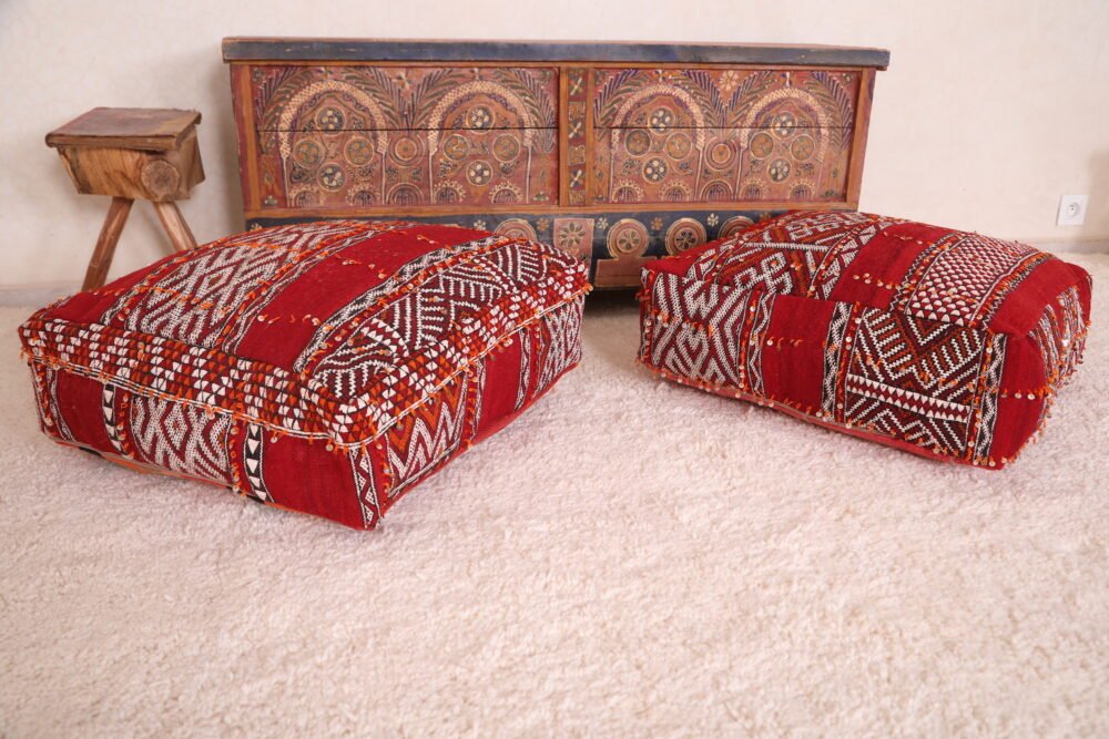 Berber Ottoman Pair | Bold Red Moroccan Poufs