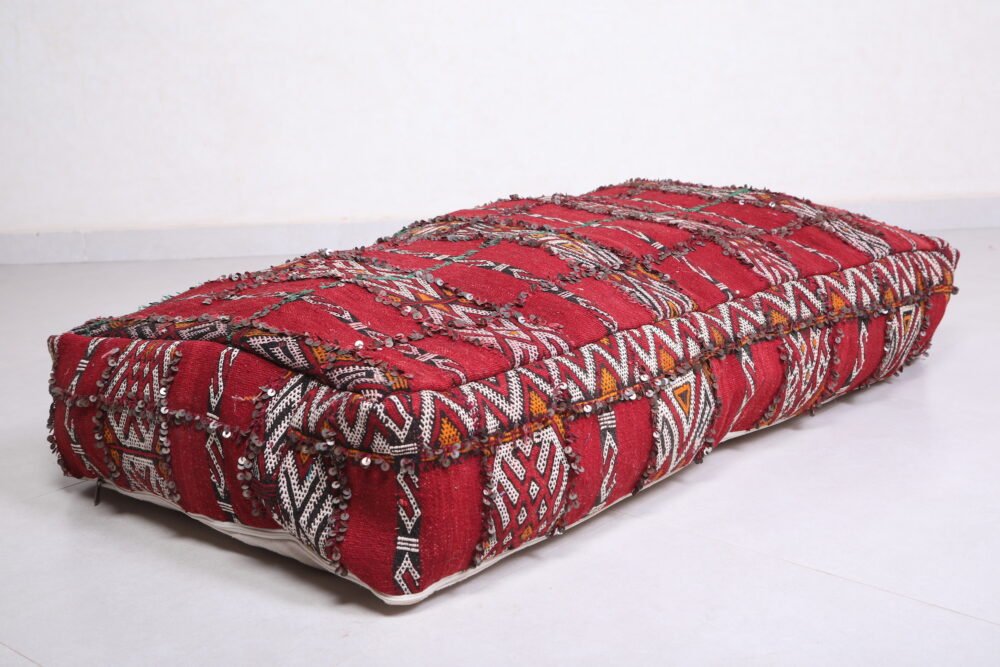 Vintage Moroccan Floor Pouf in Red and White | Boho Bench Ottoman - Image 3