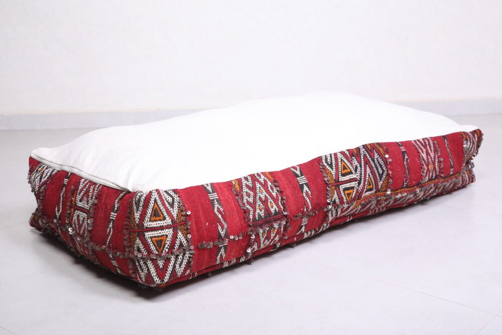 Vintage Moroccan Floor Pouf in Red and White | Boho Bench Ottoman - Image 6