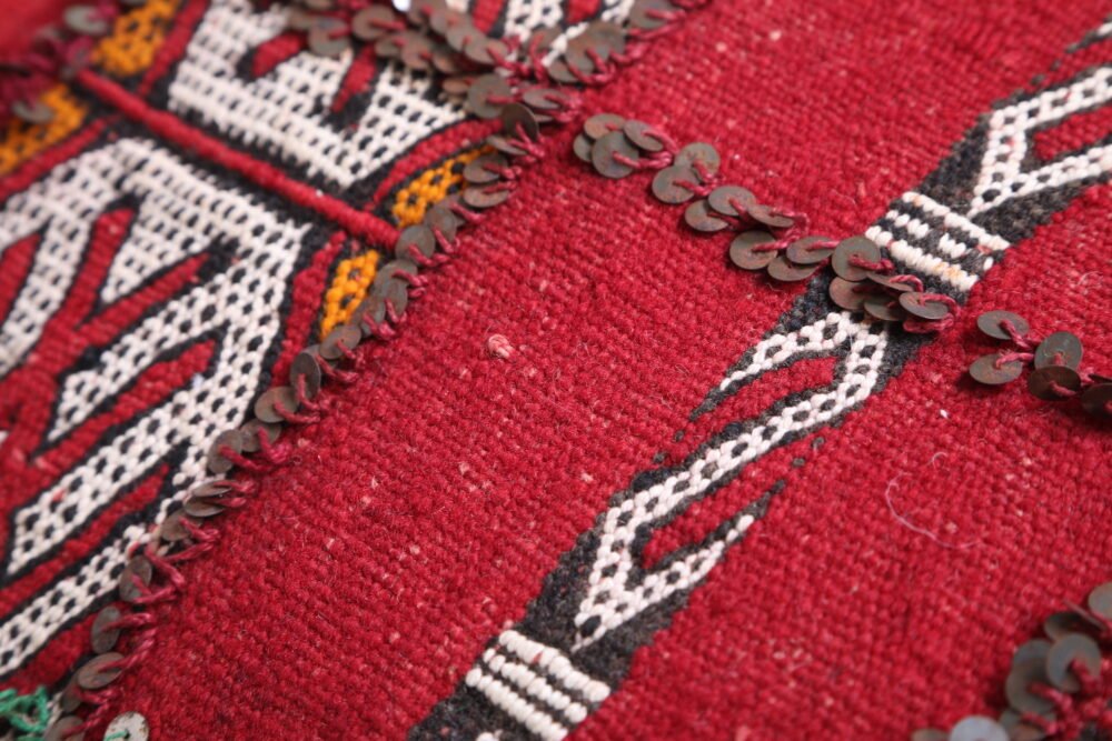 Vintage Moroccan Floor Pouf in Red and White | Boho Bench Ottoman - Image 9