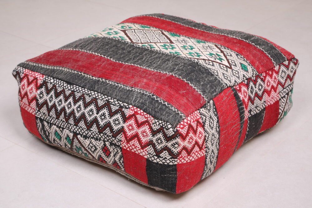 Moroccan Kilim Pouf | Red, Black, and White Tribal Wool Cushion - Image 2