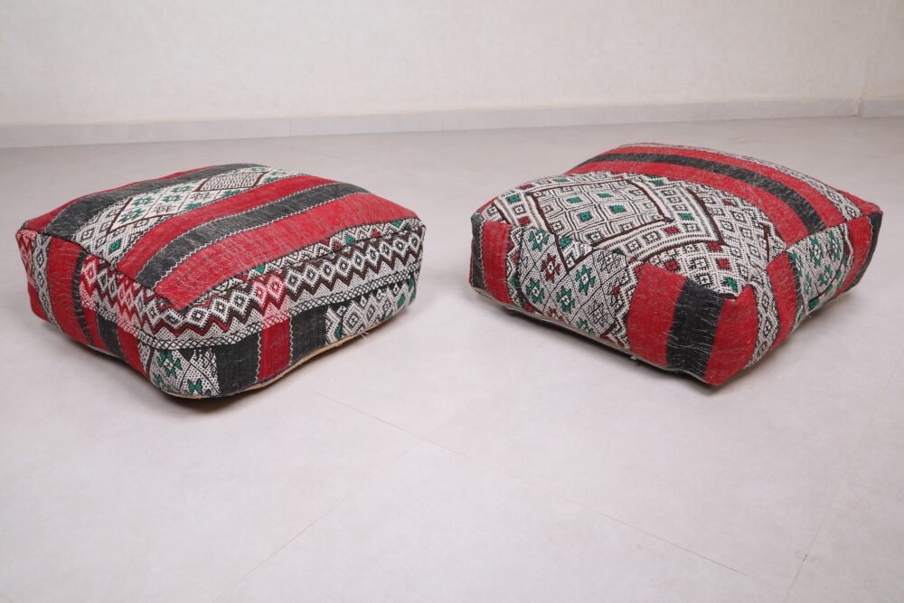 Moroccan Kilim Pouf | Red, Black, and White Tribal Wool Cushion - Image 7