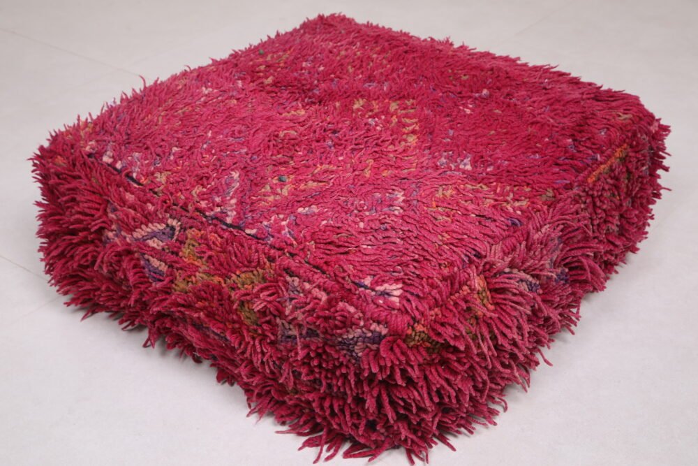 Red Moroccan Pouf | Deep Maroon Shaggy Wool Floor Cushion - Image 2
