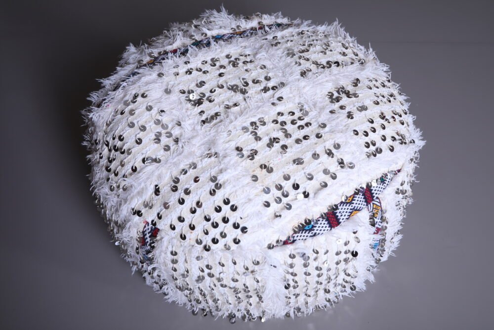 White Handira Moroccan Pouf | Wool Wedding Floor Cushion with Sequins - Image 2