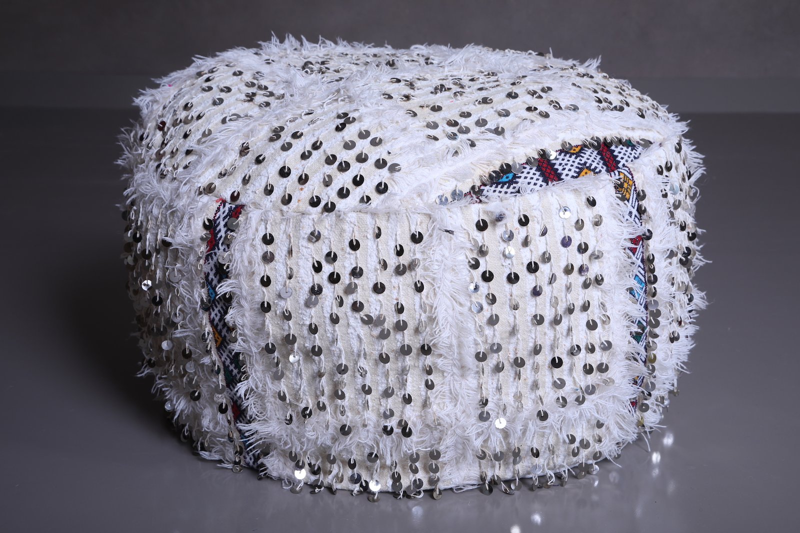 White Handira Moroccan Pouf | Wool Wedding Floor Cushion with Sequins - Image 3
