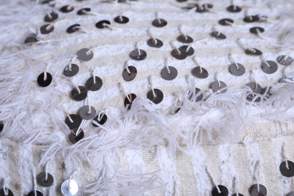 White Handira Moroccan Pouf | Wool Wedding Floor Cushion with Sequins - Image 7