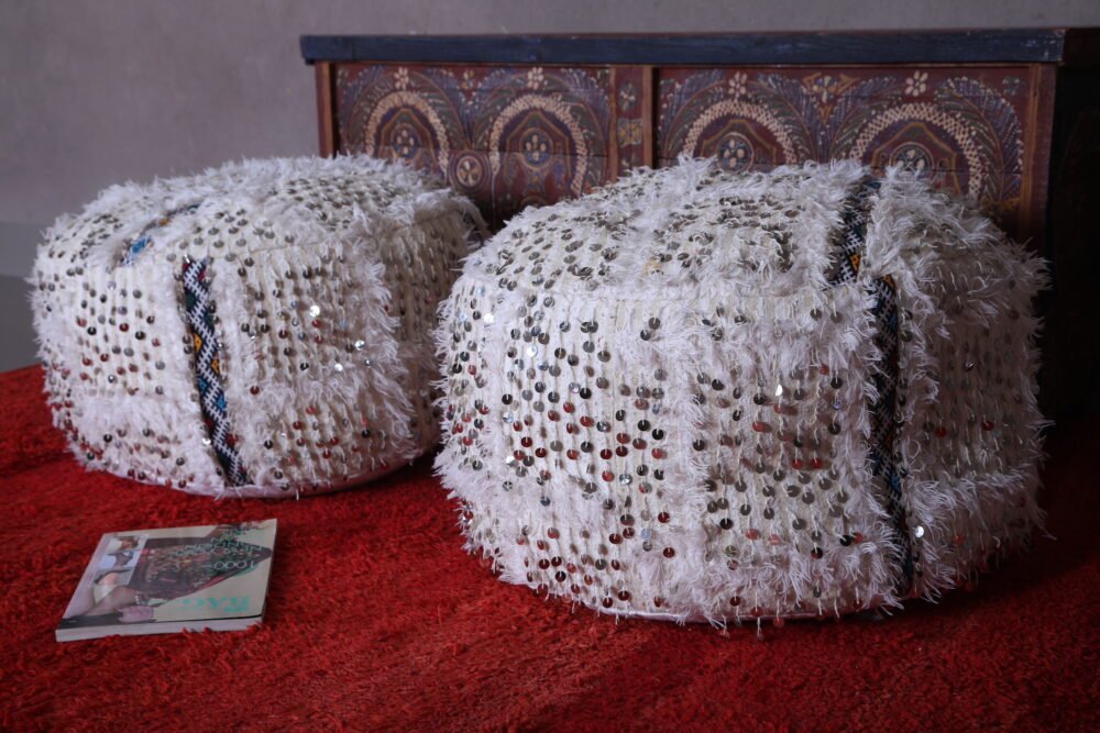 White Handira Moroccan Pouf | Wool Wedding Floor Cushion with Sequins - Image 9