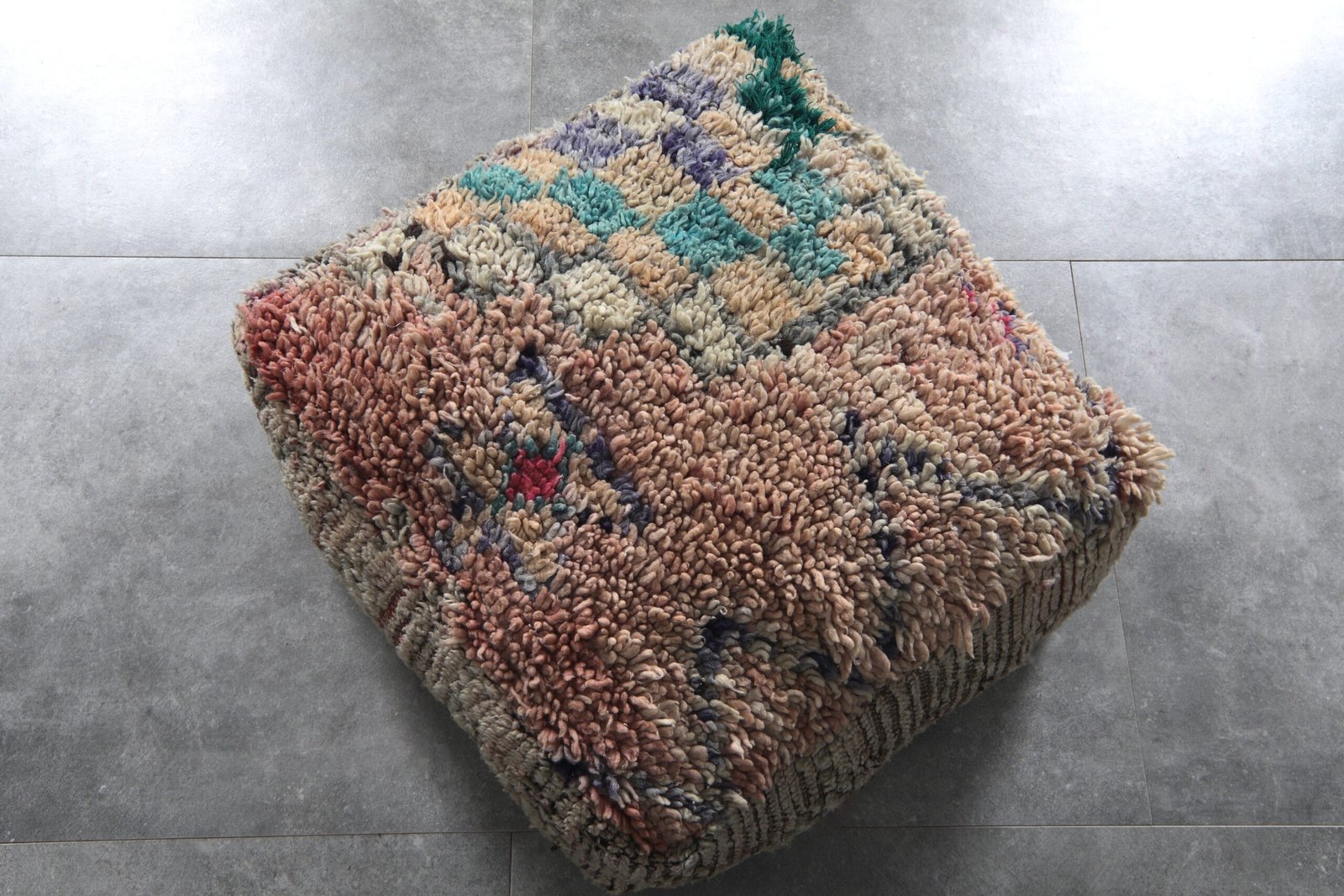 Boho Moroccan Pouf | Multicolor Grid Pattern Floor Seat - Image 2