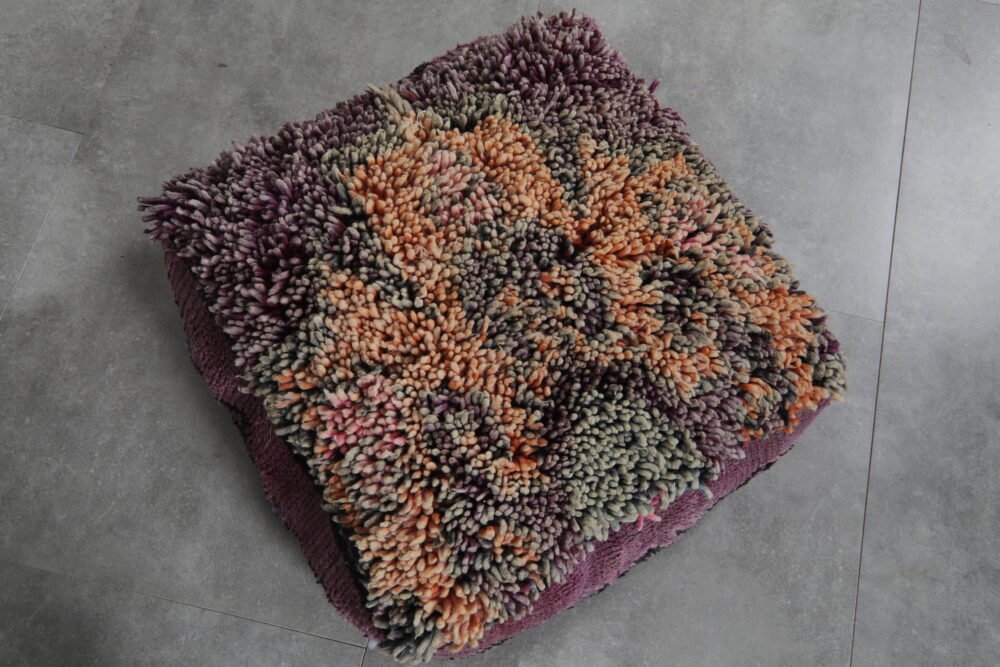 Shaggy Wool Pouf | Purple and Apricot Moroccan Ottoman - Image 4