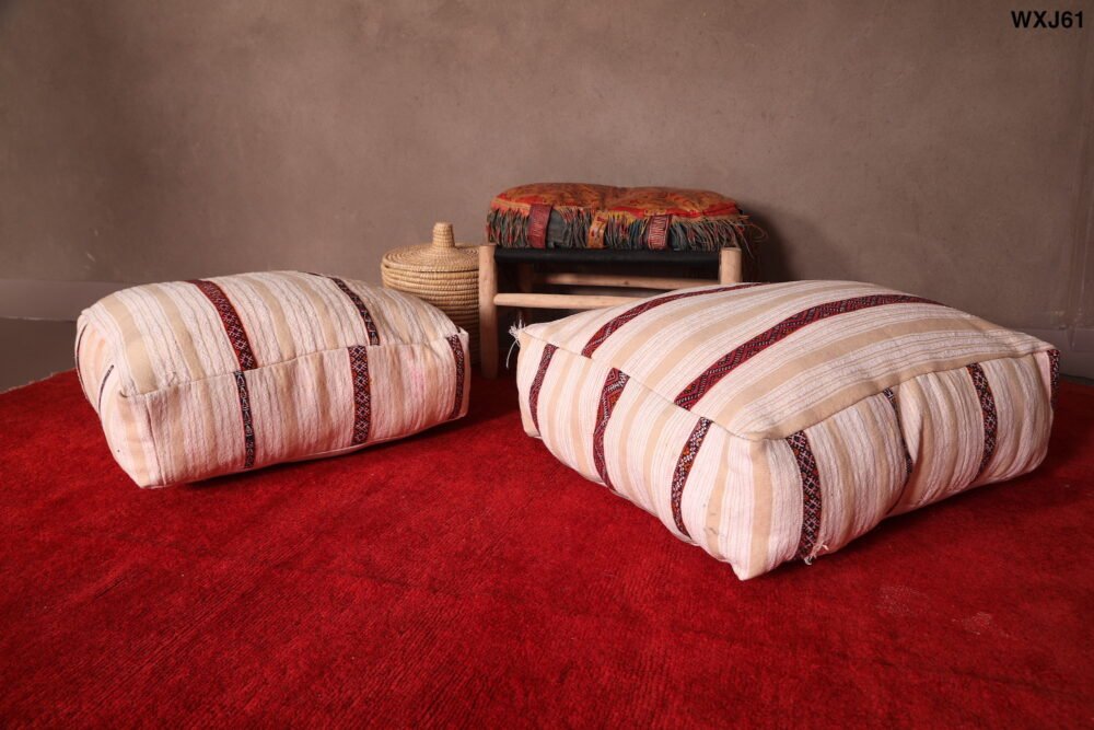 Neutral Moroccan Pouf | Cream Wool Floor Cushion with Red Tribal Stripes - Image 8