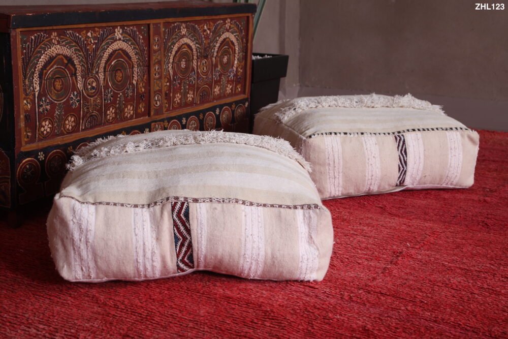 Moroccan Handira Pouf Pair | Subtle Striped Cream Floor Cushions - Image 9