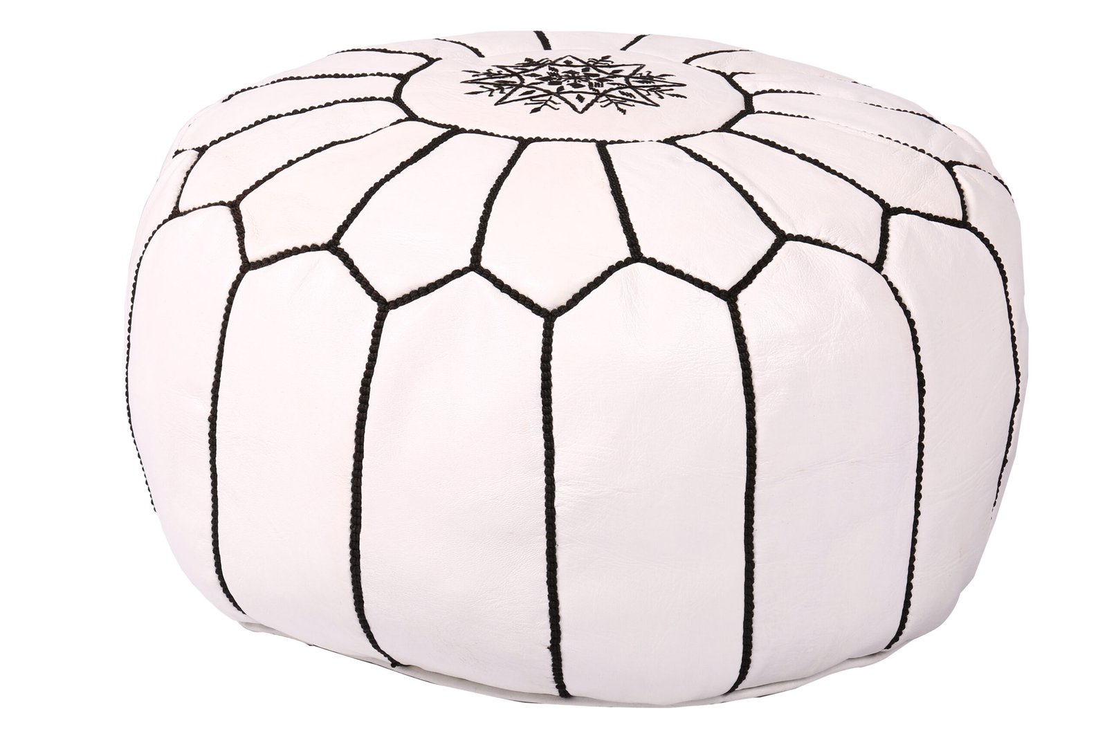 White Moroccan Leather Pouf with Black Embroidery