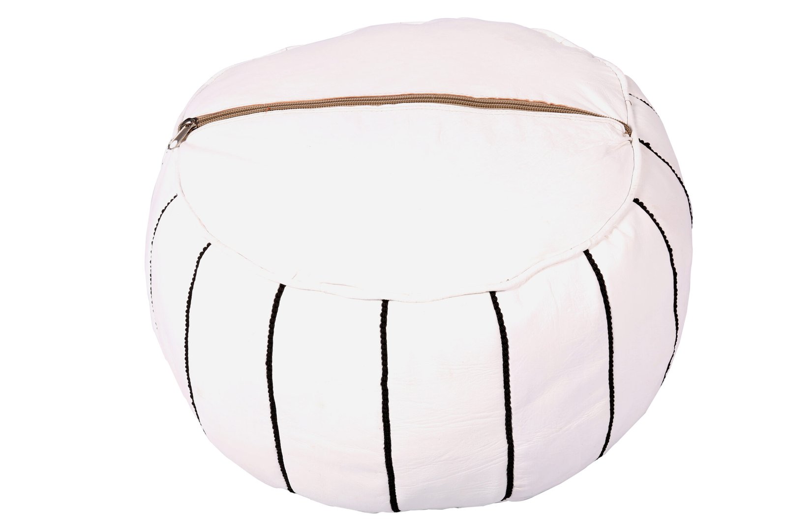 White Moroccan Leather Pouf with Black Embroidery