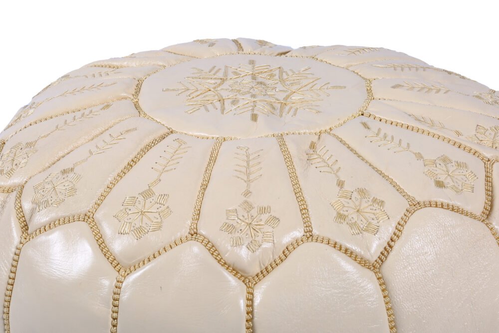 Handmade beige leather pouf