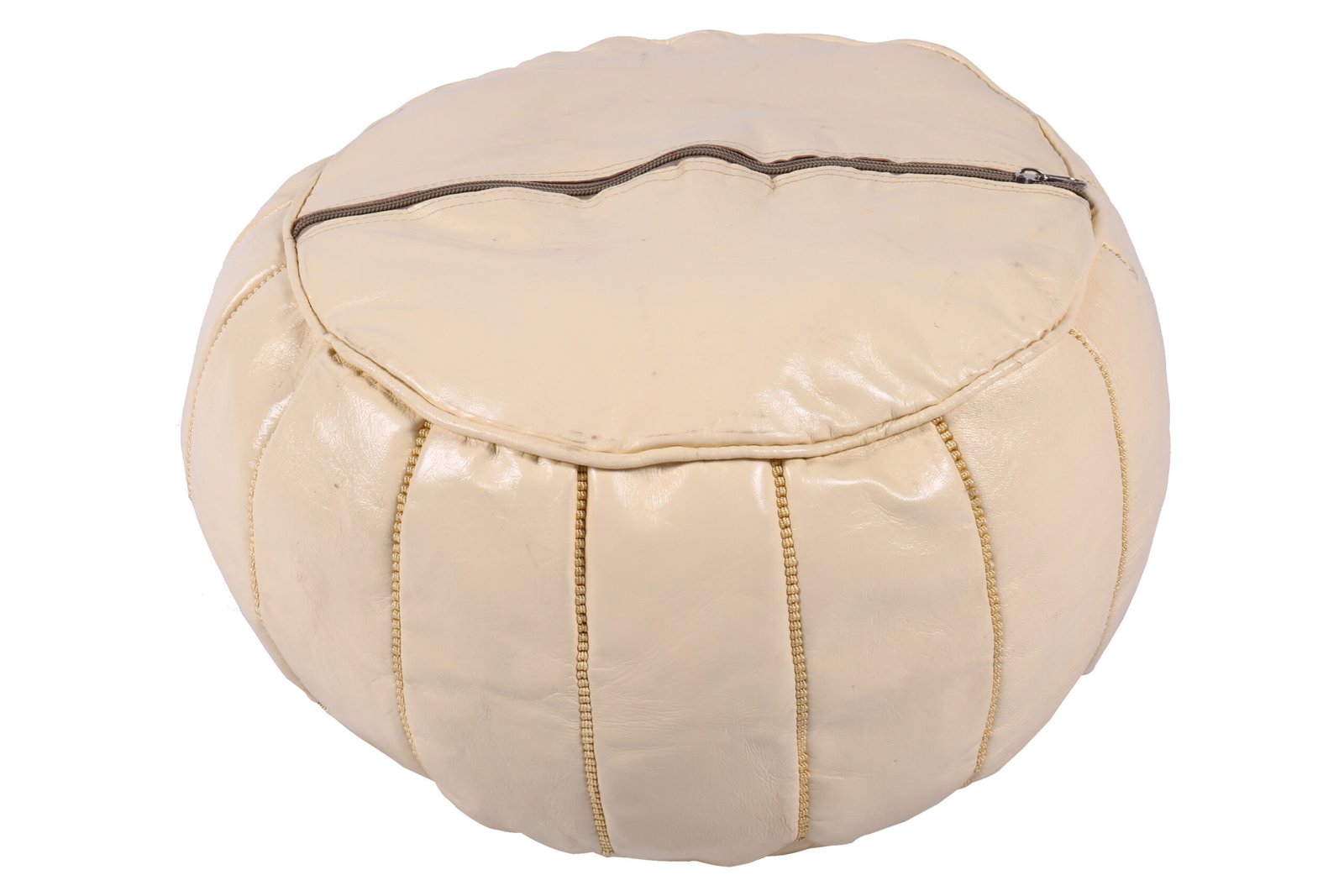 Handmade beige leather pouf