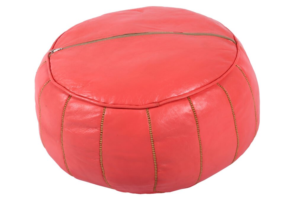 Coral red Moroccan pouf - Star embroidered leather | Artisan home - Image 4
