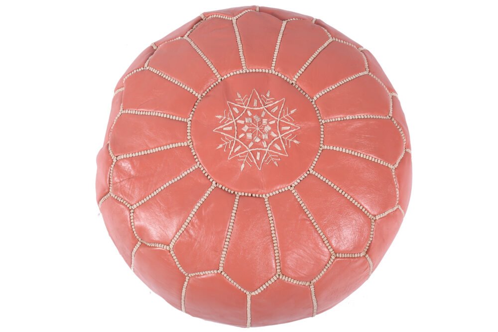 Coral Moroccan leather pouf