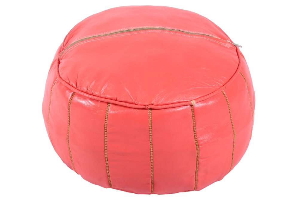 Handmade Coral Red Moroccan Leather Pouf