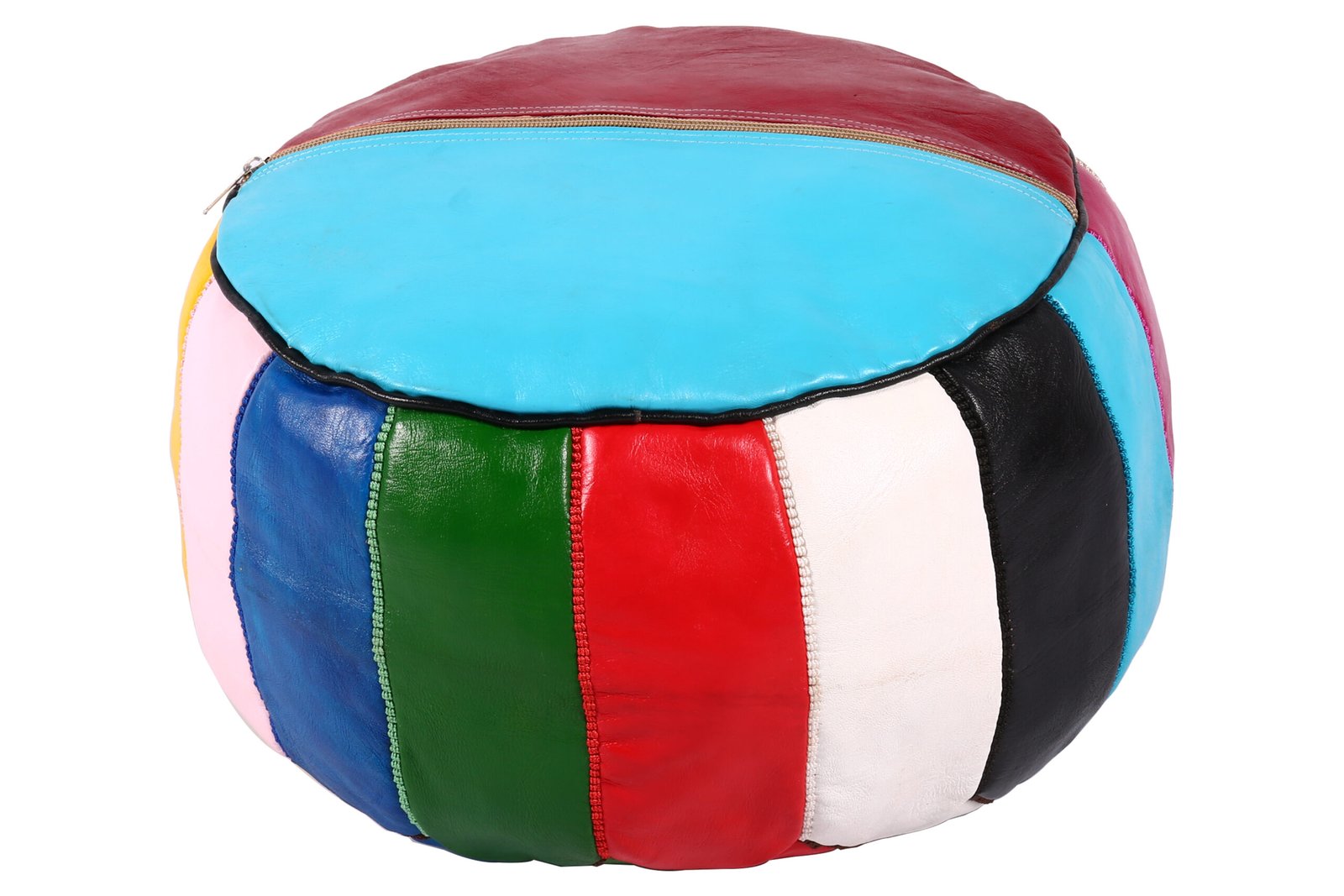 Vibrant Multicolor Moroccan Leather Pouf