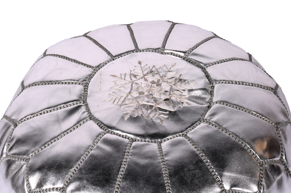 Silver Moroccan leather pouf – Shiny handmade ottoman for modern interiors - Image 3