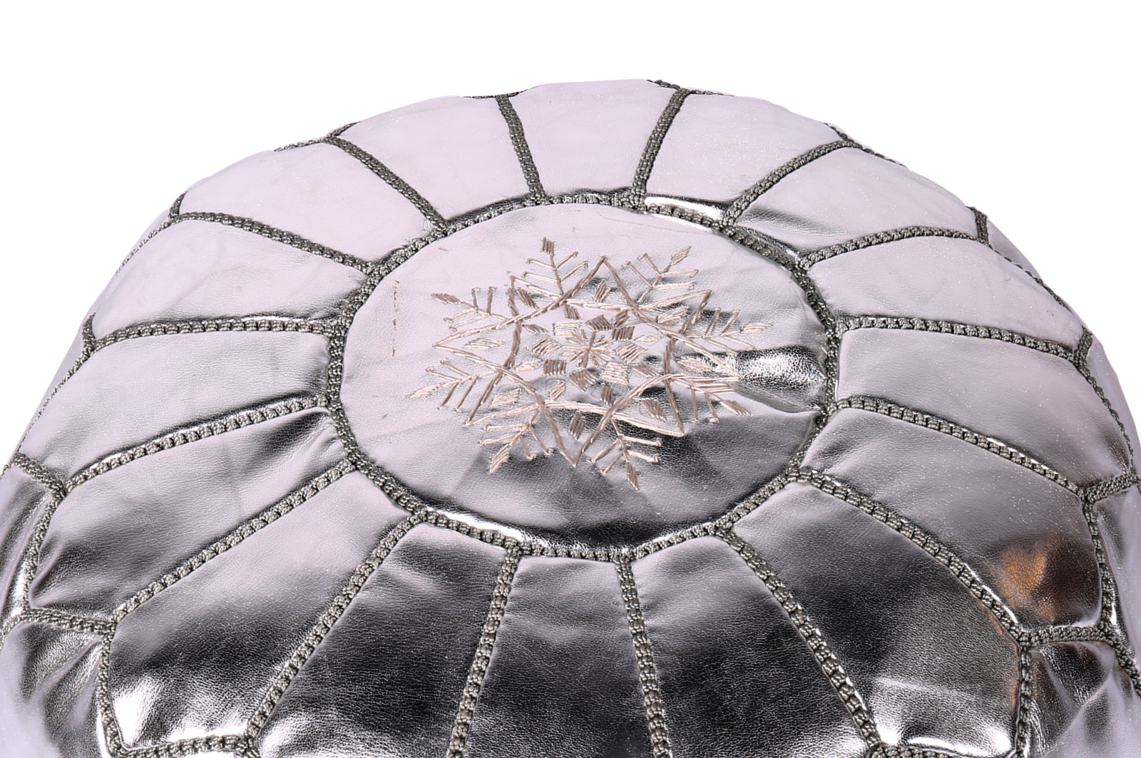 Silver Moroccan leather pouf – Shiny handmade ottoman for modern interiors - Image 3