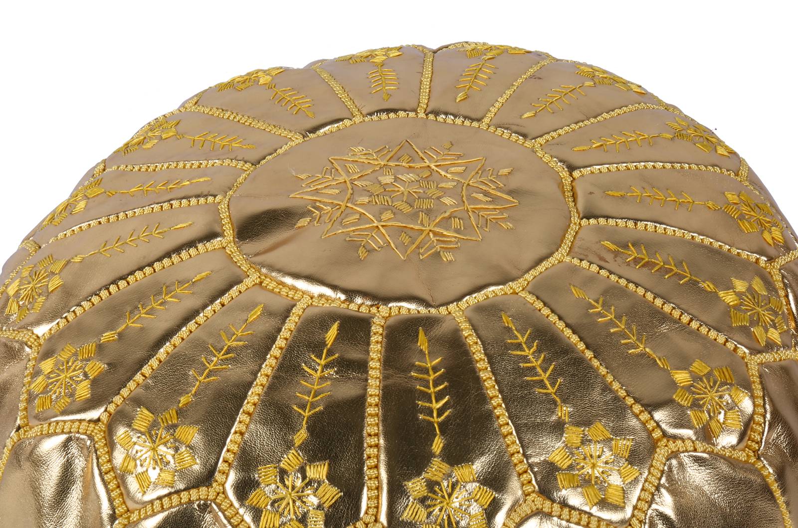 Gold Moroccan leather pouf – Handmade shimmering ottoman with traditional design - Image 3