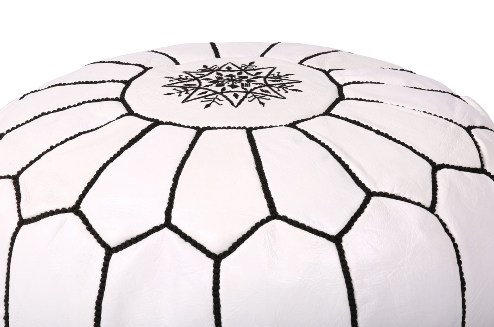White Moroccan Leather Pouf with Black Embroidery