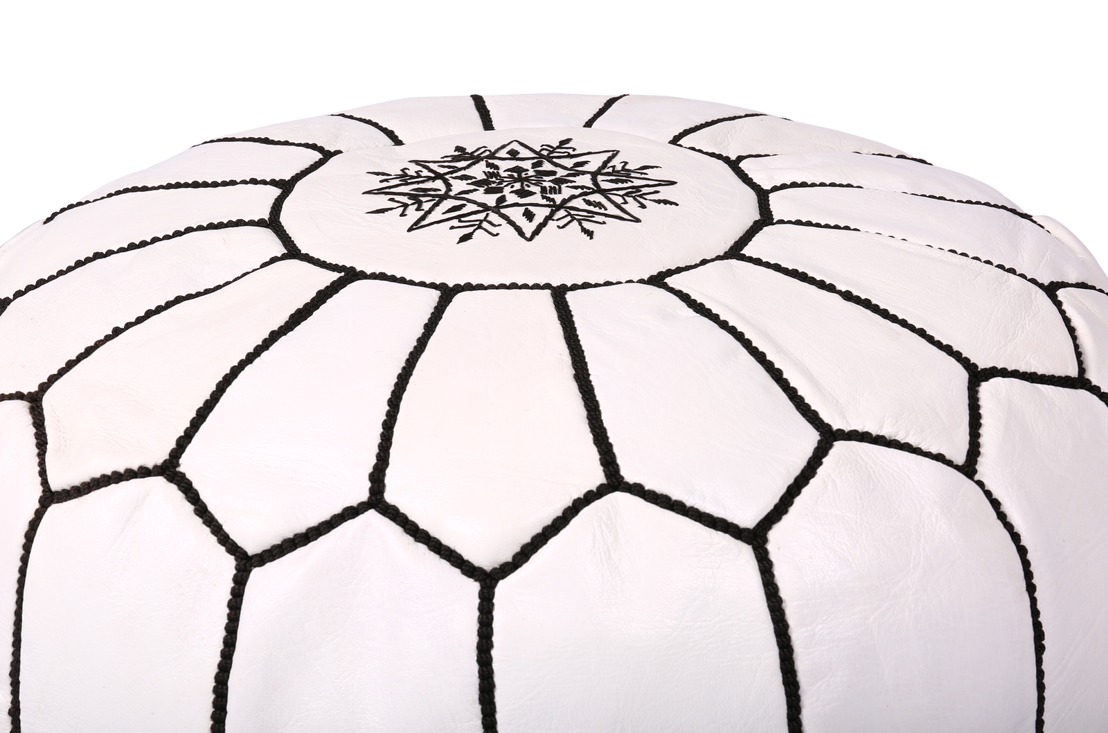 White Moroccan Leather Pouf with Black Embroidery