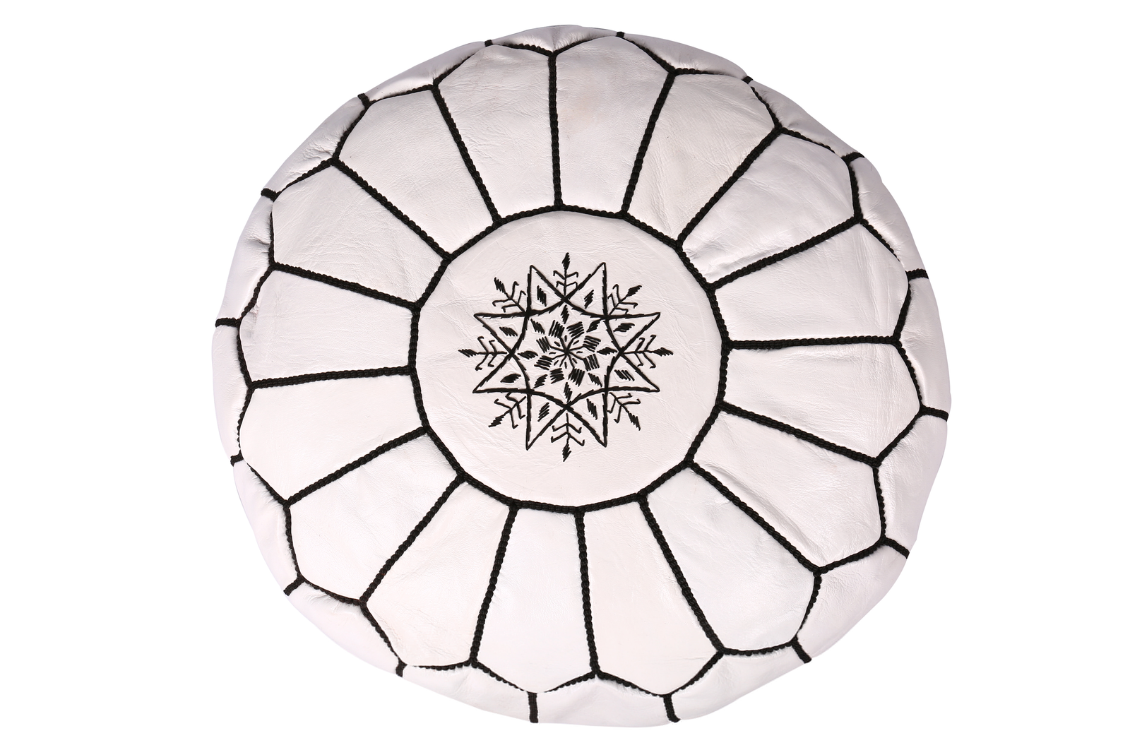 White Moroccan leather pouf with black embroidery – Handmade boho ottoman seat - Image 2