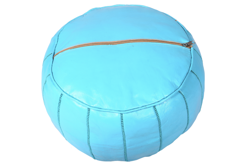 Blue turquoise Moroccan leather pouf – Handcrafted boho ottoman - Image 4